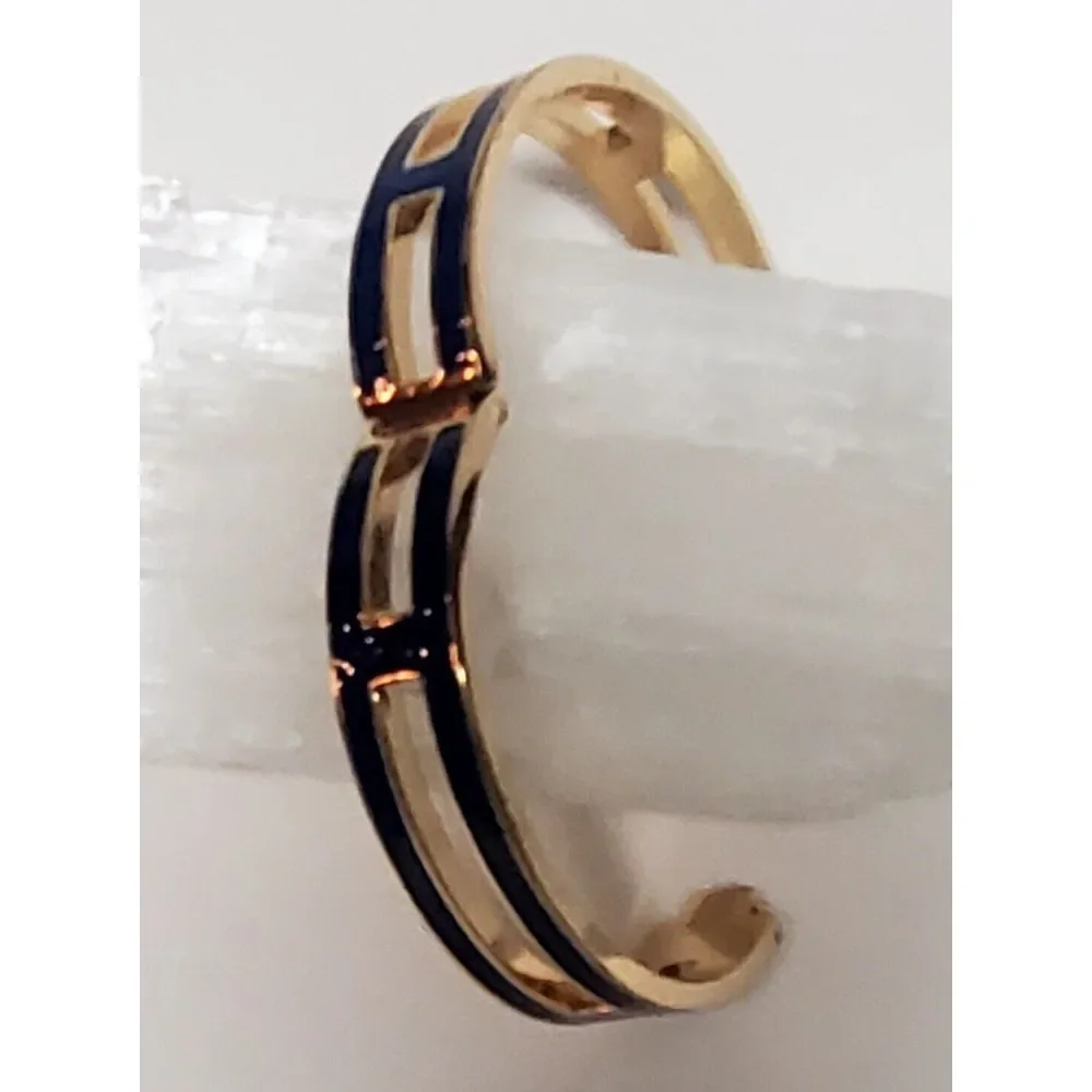 J. Crew Bracelet Hinged with Lock Navy Blue Enamel Gold Pierced Panels Bordered - Picture 4 of 12